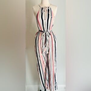 Striped Keyhole Halter Style Wide Leg Rayon Jumpsuit with Waist Tie
